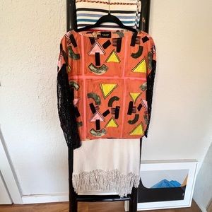 RACHEL COMEY SILK SHAPES TOP WITH SEQUINED SHEER SLEEVES